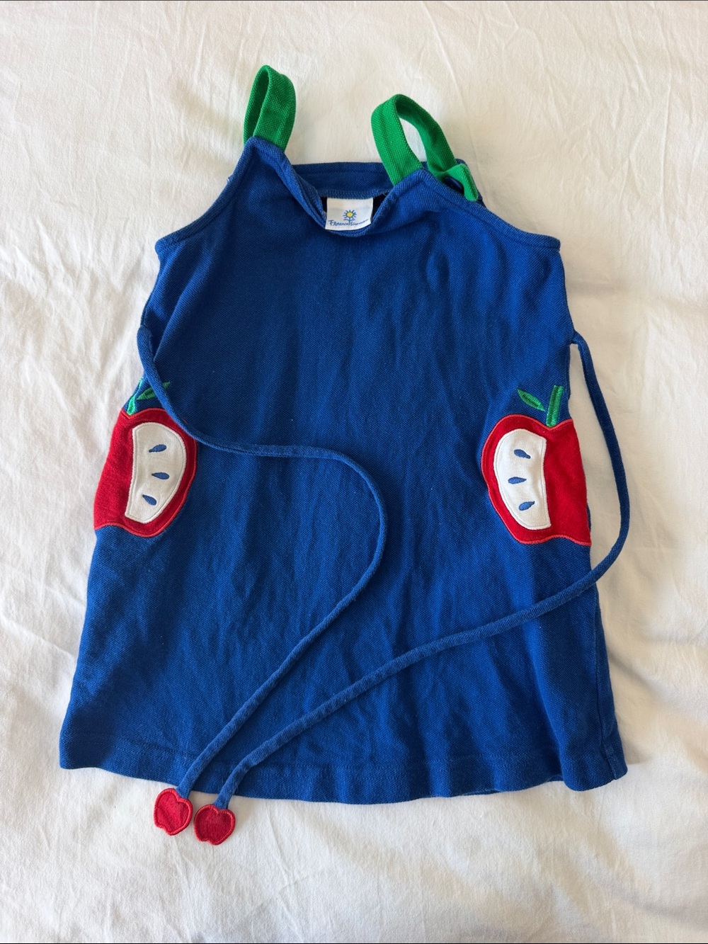 Florence Eiseman Blue Tank Dress with Red Apple Appliqués and Green Straps